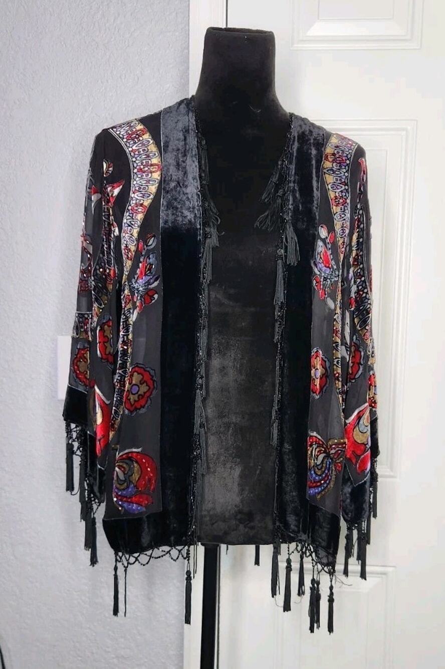 JBS LTD Vtg Kimono Velvet Burnout Beaded Fringe Silk Blend Artsy Whimsigoth S
